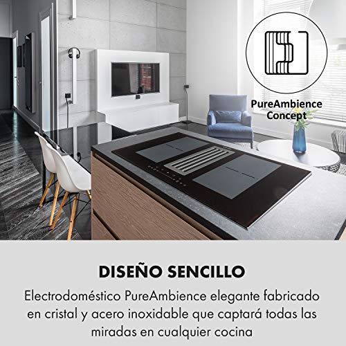 Klarstein Full House DownAir placas de inducción - Extractor de humos, Extractor de mesa, Montaje, Autárquico, 77 cm, 4 zonas, Tecnología Flexzone, 7200 W, 270 m³/h, A+, Táctil, Negro