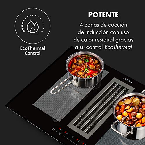 Klarstein Full House DownAir placas de inducción - Extractor de humos, Extractor de mesa, Montaje, Autárquico, 77 cm, 4 zonas, Tecnología Flexzone, 7200 W, 270 m³/h, A+, Táctil, Negro