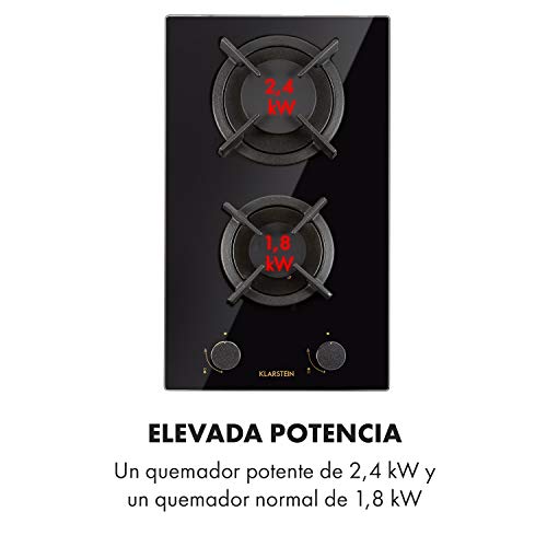 Klarstein Goldflame Domino - Cocina de gas, 2 quemadores de latón, Potencia 1,8-2,4 kW, Perillas, Snap-Jet-Ignition, Protección contra apagado, Cruz de hierro fundido, Cristal cerámico 8 mm, Negro