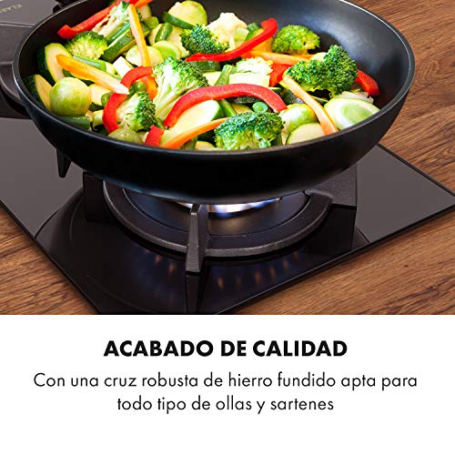 Klarstein Goldflame Domino - Cocina de gas, 2 quemadores de latón, Potencia 1,8-2,4 kW, Perillas, Snap-Jet-Ignition, Protección contra apagado, Cruz de hierro fundido, Cristal cerámico 8 mm, Negro