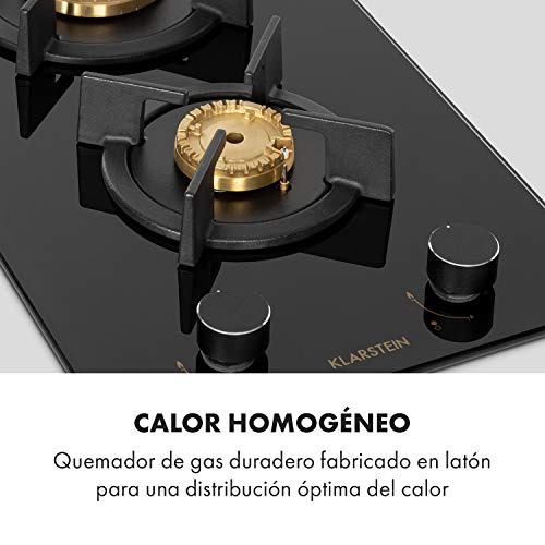 Klarstein Goldflame Domino - Cocina de gas, 2 quemadores de latón, Potencia 1,8-2,4 kW, Perillas, Snap-Jet-Ignition, Protección contra apagado, Cruz de hierro fundido, Cristal cerámico 8 mm, Negro