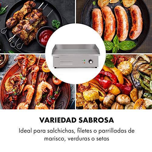 Klarstein Grillmeile 3000G Pro plancha de hierro fundido eléctrica - superficie de 54,5 x 35 cm, temperatura de 50 a 300 °C, 3000 W, antisalpicadura y recoge la grasa en una bandeja, acero inoxidable