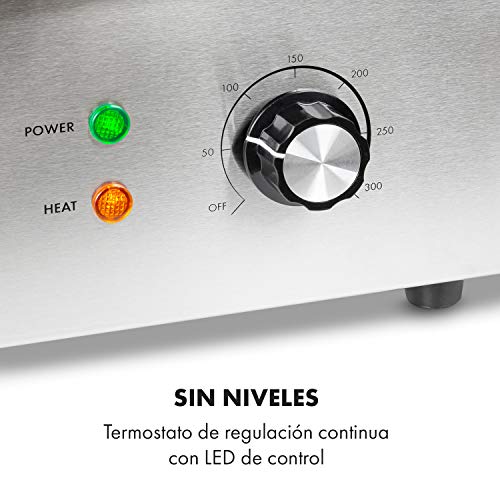 Klarstein Grillmeile 3000GR Pro plancha de hierro fundido eléctrica - superficie de 54,5 x 35 cm (2/3 liso & 1/3 surcado), temperatura de 50 a 300 °C, 3000 W, antisalpicadura, acero inoxidable