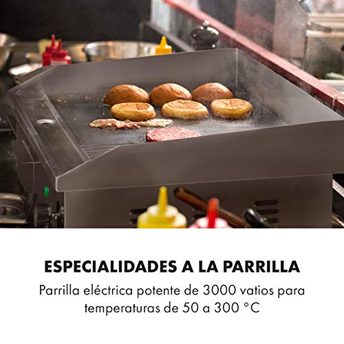 Klarstein Grillmeile 3000GR Pro plancha de hierro fundido eléctrica - superficie de 54,5 x 35 cm (2/3 liso & 1/3 surcado), temperatura de 50 a 300 °C, 3000 W, antisalpicadura, acero inoxidable