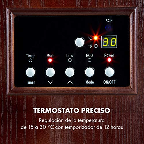 Klarstein Heatbox Calefactor infrarrojo - Aparato portátil, Calefacción con ruedecillas, 4 fuentes de calor, 1500 W, De 5 a 30 °C, AntiDryAir Heat, Mando a distancia, Nogal oscuro