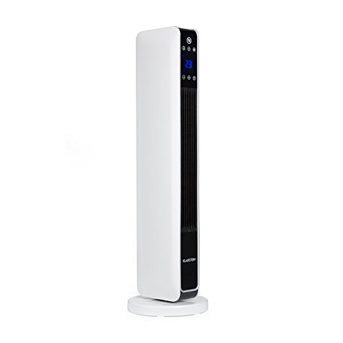 Klarstein Hightower Heat Calefactor de Torre - Oscilador con Soporte, Niveles: 1200 ó 2200 W, Regulable: 10-49 °C, Temporizador, Pantalla LED con Panel táctil, Control Remoto, Cerámica, Blanco