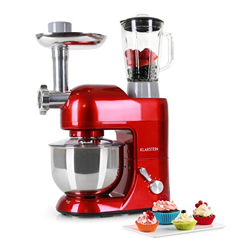 Klarstein Lucia Rossa - Robot de cocina universal, Batidora, Amasadora, Picadora, Licuadora, 5 L, Batido planetario, Cabezal para pasta, Recipiente de acero inoxidable, 1300 W, Rojo