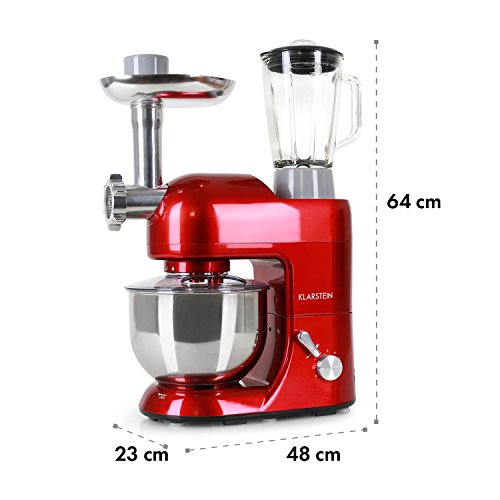 Klarstein Lucia Rossa - Robot de cocina universal, Batidora, Amasadora, Picadora, Licuadora, 5 L, Batido planetario, Cabezal para pasta, Recipiente de acero inoxidable, 1300 W, Rojo