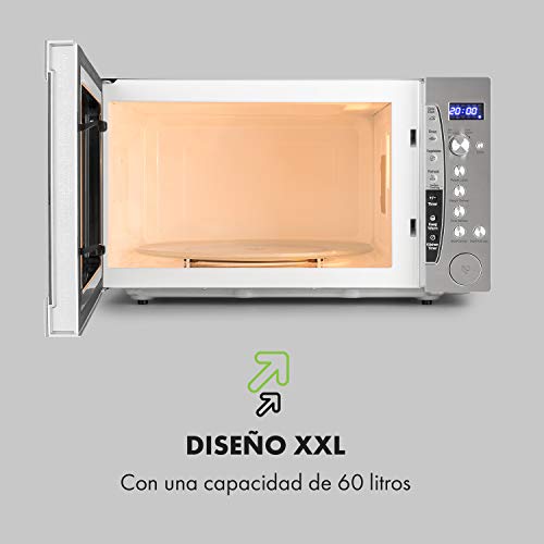 Klarstein MaxiWave microondas - 1200 W, 60l de capacidad (extra grande), 10 niveles de potencia, función descongelar, 5 programas automáticos, pantalla LED, a prueba de niños, acero inoxidable