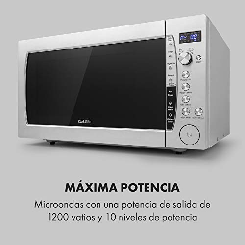 Klarstein MaxiWave microondas - 1200 W, 60l de capacidad (extra grande), 10 niveles de potencia, función descongelar, 5 programas automáticos, pantalla LED, a prueba de niños, acero inoxidable