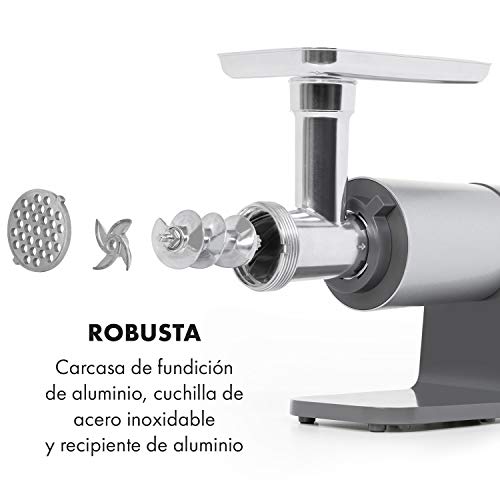 Klarstein Mett Max Picadora de carne eléctrica - 600 W, potencia de bloqueo 2000W, cubeta de aluminio, cuchillo de acero inoxidable, 3 discos, carcasa de aluminio fundido a presión, gris/plateado