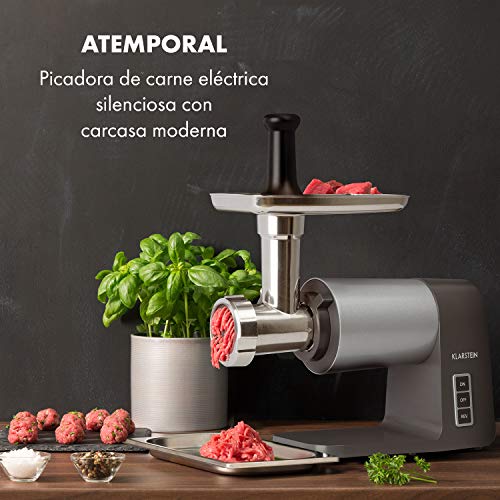 Klarstein Mett Max Picadora de carne eléctrica - 600 W, potencia de bloqueo 2000W, cubeta de aluminio, cuchillo de acero inoxidable, 3 discos, carcasa de aluminio fundido a presión, gris/plateado