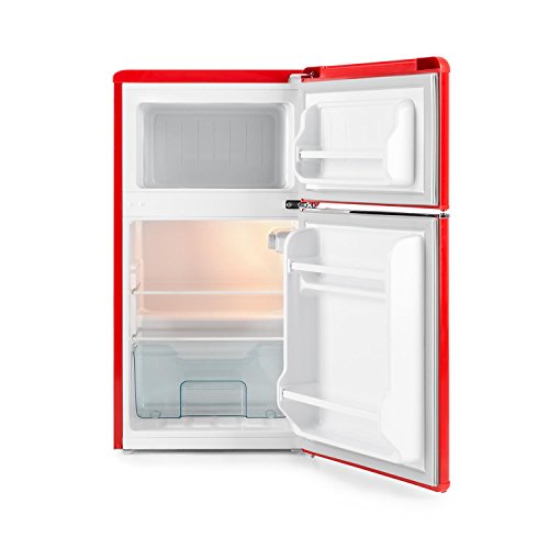 Klarstein Monroe Red 2020 Edition - Nevera con congelador, Frigorífico combi, Minibar, Capacidad total 85 L, 40 dB, Estantes de cristal, Eficiencia energética clase A+, Estilo vintage, Rojo