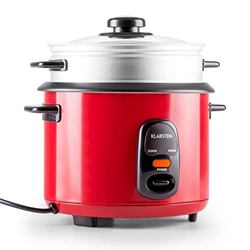 Klarstein Osaka olla arrocera con complemento de cocción al vapor (500 W, 1,5L, antiadherente, apagado automático con función de mantenimiento en calor, tapa de vidrio) - rojo