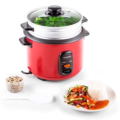 Klarstein Osaka olla arrocera con complemento de cocción al vapor (500 W, 1,5L, antiadherente, apagado automático con función de mantenimiento en calor, tapa de vidrio) - rojo