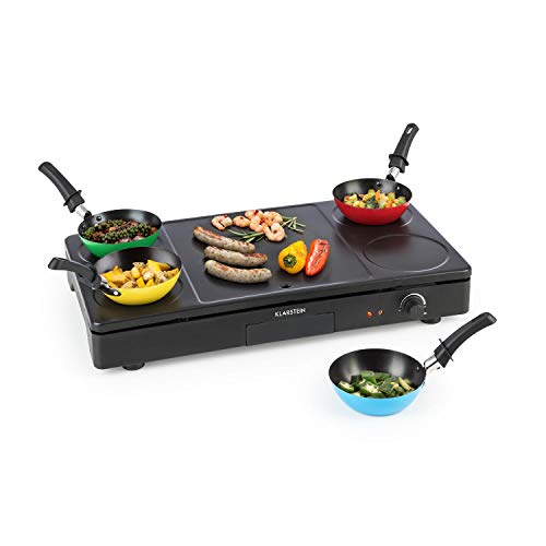 Klarstein Partylette Barbacoa de mesa - Diversión 3 en 1, Combinación de barbacoa de mesa, wok y crepera, Potencia de 1000 W, Regulable, Superficie grill antiadherente, Perilla de potencia, Negro