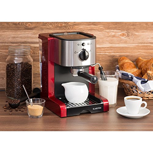 Klarstein Passionata Rossa 15 - Máquina de espresso, Cafetera automática, Espumadora, 1470W, 1,25L de capacidad (6 Tazas), Descarga de presión automática, Incluye boquilla de vapor, Rojo