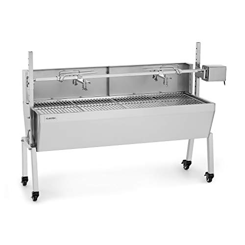 KLARSTEIN Sauenland Pro Grill para cochinillos - Pincho Giratorio, Motor eléctrico 15W, Varias Alturas, 4 Parrillas, Protegido del Viento, CrystalSteel, 4 Ruedas, 2 Frenos, Acero Inoxidable