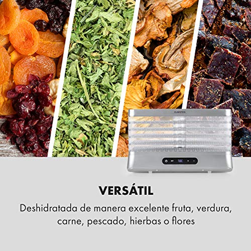 Klarstein Silver Deshidratador de alimentos - Secador automático, 500 W, pantalla LED, 5 estantes de rejilla de plástico, sin BPA, 35-70 °C, temporizador 1-48 horas, plata