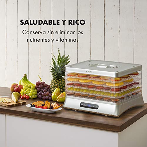 Klarstein Silver Deshidratador de alimentos - Secador automático, 500 W, pantalla LED, 5 estantes de rejilla de plástico, sin BPA, 35-70 °C, temporizador 1-48 horas, plata