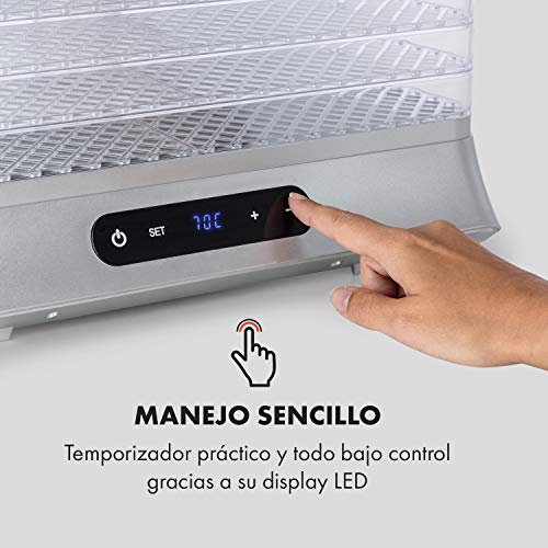 Klarstein Silver Deshidratador de alimentos - Secador automático, 500 W, pantalla LED, 5 estantes de rejilla de plástico, sin BPA, 35-70 °C, temporizador 1-48 horas, plata