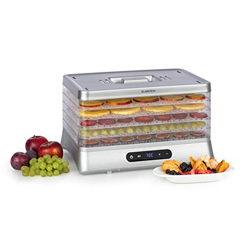 Klarstein Silver Deshidratador de alimentos - Secador automático, 500 W, pantalla LED, 5 estantes de rejilla de plástico, sin BPA, 35-70 °C, temporizador 1-48 horas, plata