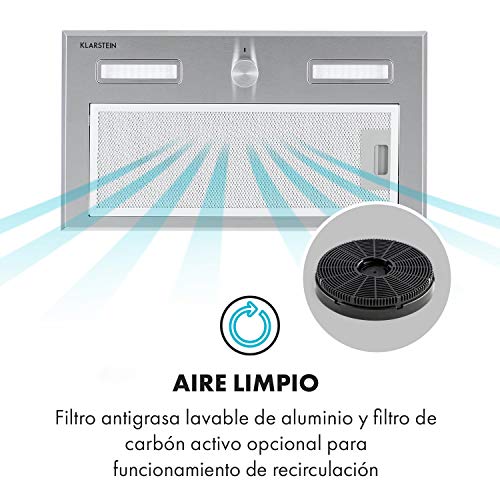 Klarstein Simplica 52 campana extractora - 52 cm de ancho, extracción de 400 m³/h, función de ventilación, botón giratorio, 3 niveles, iluminación LED de 1,5 W, acero inoxidable