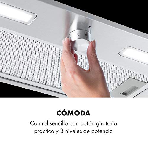 Klarstein Simplica 52 campana extractora - 52 cm de ancho, extracción de 400 m³/h, función de ventilación, botón giratorio, 3 niveles, iluminación LED de 1,5 W, acero inoxidable