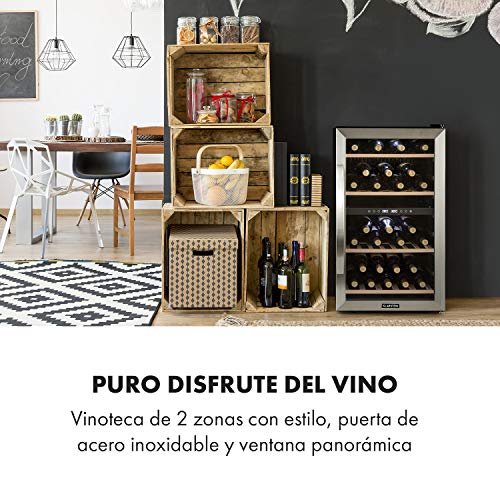 KLARSTEIN Vinamour - Nevera para vinos, Nevera para Bebidas, Refrigerador gastronomía, 2 Zonas, Iluminación LED, Módulo Independiente, Silencioso, Acero INOX, 54 Botellas, 4 Baldas, 118 L, Plateado