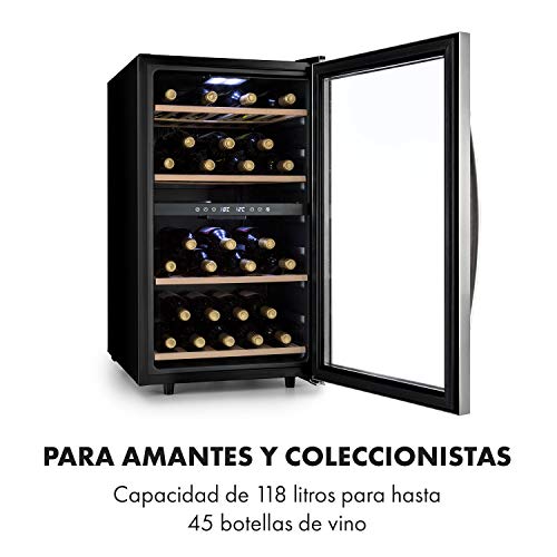 KLARSTEIN Vinamour - Nevera para vinos, Nevera para Bebidas, Refrigerador gastronomía, 2 Zonas, Iluminación LED, Módulo Independiente, Silencioso, Acero INOX, 54 Botellas, 4 Baldas, 118 L, Plateado