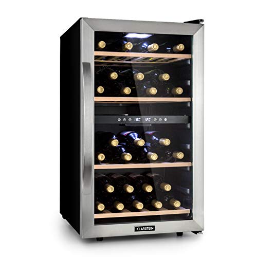 KLARSTEIN Vinamour - Nevera para vinos, Nevera para Bebidas, Refrigerador gastronomía, 2 Zonas, Iluminación LED, Módulo Independiente, Silencioso, Acero INOX, 54 Botellas, 4 Baldas, 118 L, Plateado