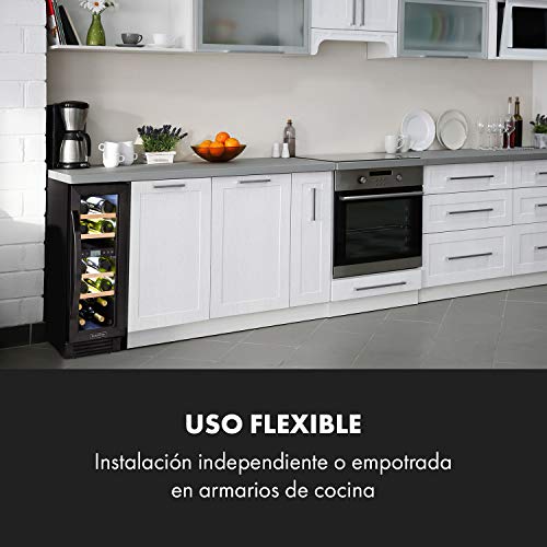 Klarstein Vinovilla Onyx 17 nevera para vinos con puerta acristalada - 53 litros, 17 botellas de vino, 30 cm de ancho, iluminación interior, 4 baldas, 2 zonas de frío, antivibración, táctil, negro