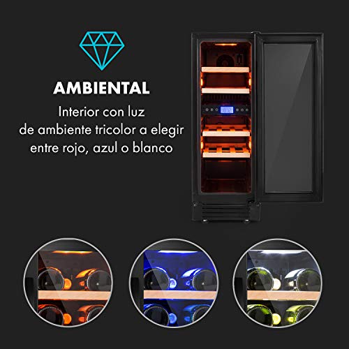 Klarstein Vinovilla Onyx 17 nevera para vinos con puerta acristalada - 53 litros, 17 botellas de vino, 30 cm de ancho, iluminación interior, 4 baldas, 2 zonas de frío, antivibración, táctil, negro