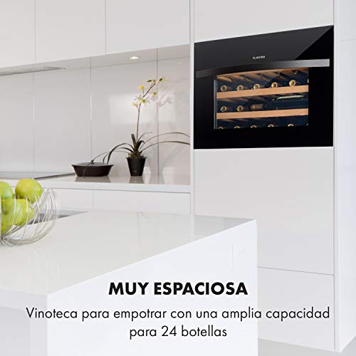 KLARSTEIN Vinsider - Nevera para vinos, EEC A, 24 Botellas, 1 Zona, Panel de Control táctil, Tempratura Ajustable, 5-20 °C, Puerta de Doble Vidrio, 3 estantes de Madera, Iluminación Interior, Negro