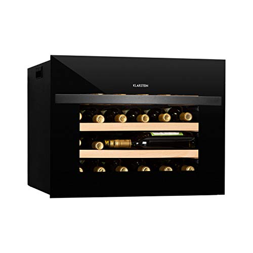 KLARSTEIN Vinsider - Nevera para vinos, EEC A, 24 Botellas, 1 Zona, Panel de Control táctil, Tempratura Ajustable, 5-20 °C, Puerta de Doble Vidrio, 3 estantes de Madera, Iluminación Interior, Negro