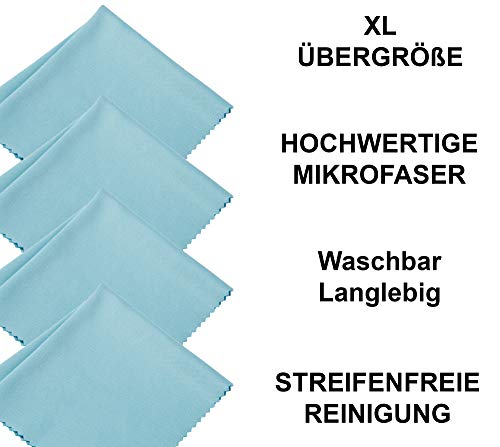 Klihn - Paños de microfibra para gafas XL (4 unidades, 25 cm x 25 cm) en calidad profesional también para pantallas y objetivos (grandes paños de microfibra de fina fibra especial, lavables)