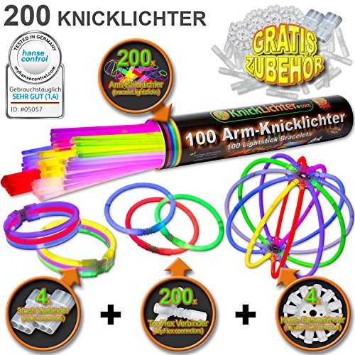 KnickLichterDE Pulseras Fluorescentes, 200 Unidades, 7 Colores, con Accesorios