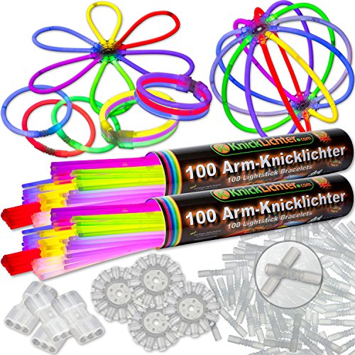 KnickLichterDE Pulseras Fluorescentes, 200 Unidades, 7 Colores, con Accesorios