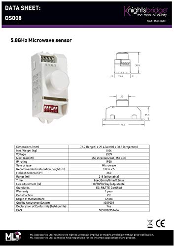 Knightsbridge Microwave Sensor de microondas de 5,8 GHz, policarbonato, Blanco, OS008