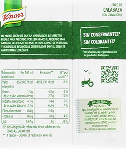 Knorr Eco Puré de Calabaza con Zanahoria - Paquete de 12 x 300 ml - Total: 3600 ml