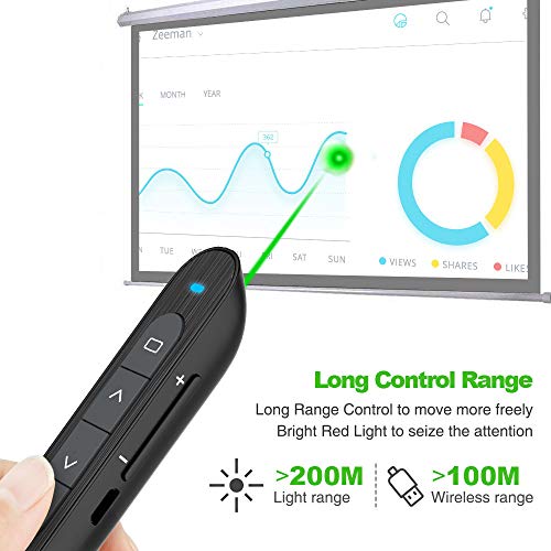 KNORVAY N76GBK Puntero láser verde con rango de control de 300 pies de largo, presentador inalámbrico Presentación remota Clicker Recargable