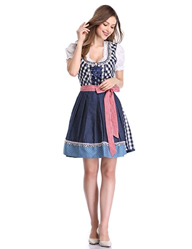 KOJOOIN Vestido de Mujer Dirndl Vestido Formal - Vestido a Media Pierna de Disfraz de Oktoberfest （3 Piezas ： Vestido, Camisa, Delantal） para Vestido De Cóctel De Fiesta