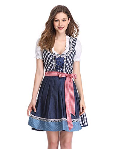 KOJOOIN Vestido de Mujer Dirndl Vestido Formal - Vestido a Media Pierna de Disfraz de Oktoberfest （3 Piezas ： Vestido, Camisa, Delantal） para Vestido De Cóctel De Fiesta