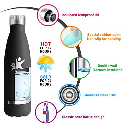 KollyKolla Botella de Agua Acero Inoxidable, Termo Sin BPA Ecológica, Botellas Termica Reutilizable Frascos Térmicos para Niños & Adultos, Deporte, Oficina, Yoga, Ciclismo, (500ml Negro Fresco)