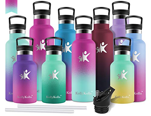 KollyKolla Botella de Agua Acero Inoxidable, Termo Sin BPA Ecológica Reutilizable, Botella Termica con Pajita y Filtro, para Niños & Adultos, Deporte, Oficina (500ml Barbie Rosa + Macaron Verde)