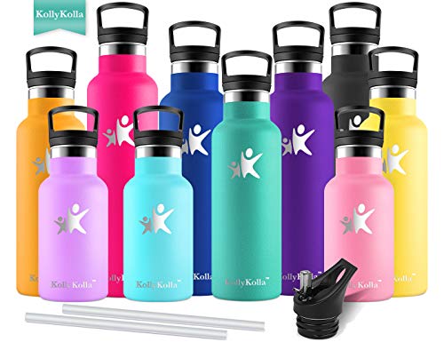 KollyKolla Botella de Agua Acero Inoxidable, Termo Sin BPA Ecológica Reutilizable, Botella Termica con Pajita y Filtro, Water Bottle para Niños & Adultos, Deporte, Oficina, Yoga, (350ml Esmeralda)