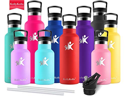 KollyKolla Botella de Agua Acero Inoxidable, Termo Sin BPA Ecológica Reutilizable, Botella Termica con Pajita y Filtro, Water Bottle para Niños & Adultos, Deporte, Oficina, Yoga, (350ml Rojo)