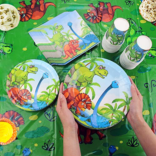 Kompanion Set de 102 Piezas de Fiesta Diseño de Dinosaurio, Incluye Pancarta, Platos,Vasos, Cubiertos, Servilletas,Mantel, 25 Personas