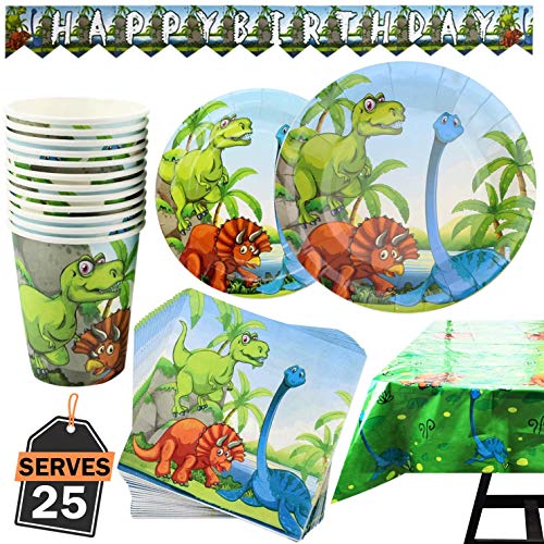 Kompanion Set de 102 Piezas de Fiesta Diseño de Dinosaurio, Incluye Pancarta, Platos,Vasos, Cubiertos, Servilletas,Mantel, 25 Personas