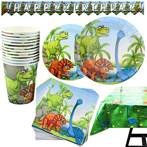 Kompanion Set de 102 Piezas de Fiesta Diseño de Dinosaurio, Incluye Pancarta, Platos,Vasos, Cubiertos, Servilletas,Mantel, 25 Personas